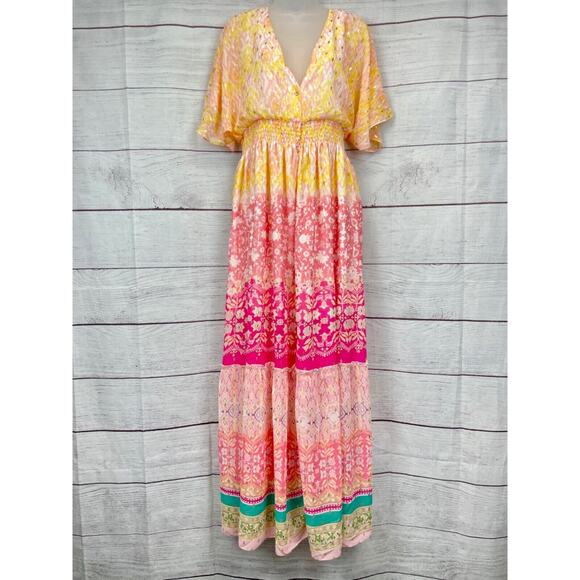 House of Harlow Yellow Pink Floral Metallic Button Front Maxi Dress Size M - Picture 1 of 12
